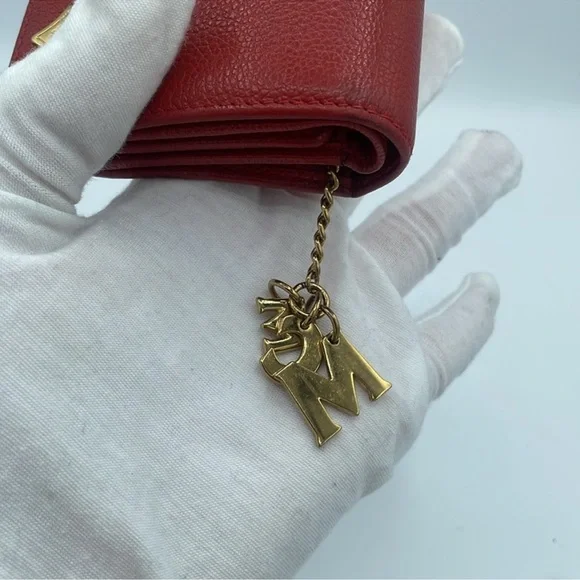 MCM Red Pebbled Leather Tri-Fold Wallet w/ Gold Hardware & Logo Charm